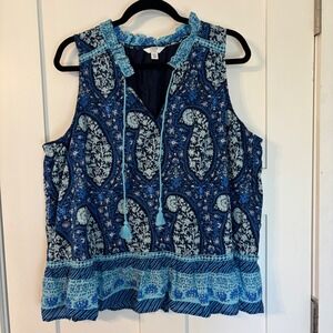 Blue Paisley Sleeveless Tassel Tie Ruffle Hem Cotton Top XXL Boho Summer Beach